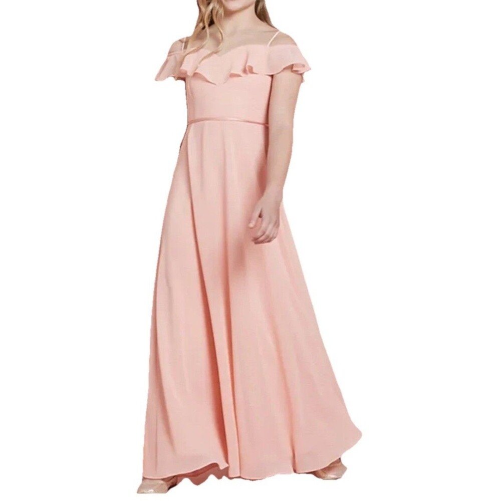 David's Bridal Pink Chiffon Ruffle Maxi F19508 Dress Size 10 Bridesmaid Wedding